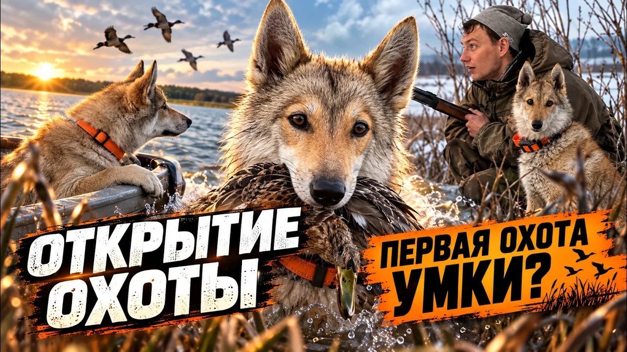 Умка на носу лодки в сумерках перед открытием охоты на утку